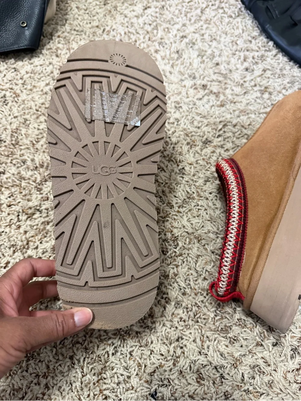 UGG Chestnut Suede Slip-On Mules with Red Knit Trim